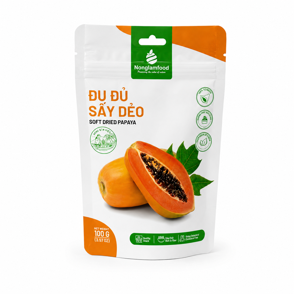 COMBO 8 TÚI ĐU ĐỦ SẤY DẺO 100G NONGLAMFOOD | NONGLAMFOOD SOFT DRIED PAPAYA COMBO – 8 BAGS × 100G