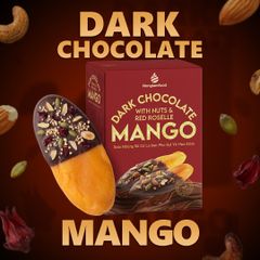 XOÀI NHÚNG SÔ CÔ LA ĐEN PHỦ HẠT VÀ HOA ATISO HỘP 120G | DARK CHOCOLATE DIPPED MANGO WITH NUTS & RED ROSELLE | TROPICAL FRUIT
