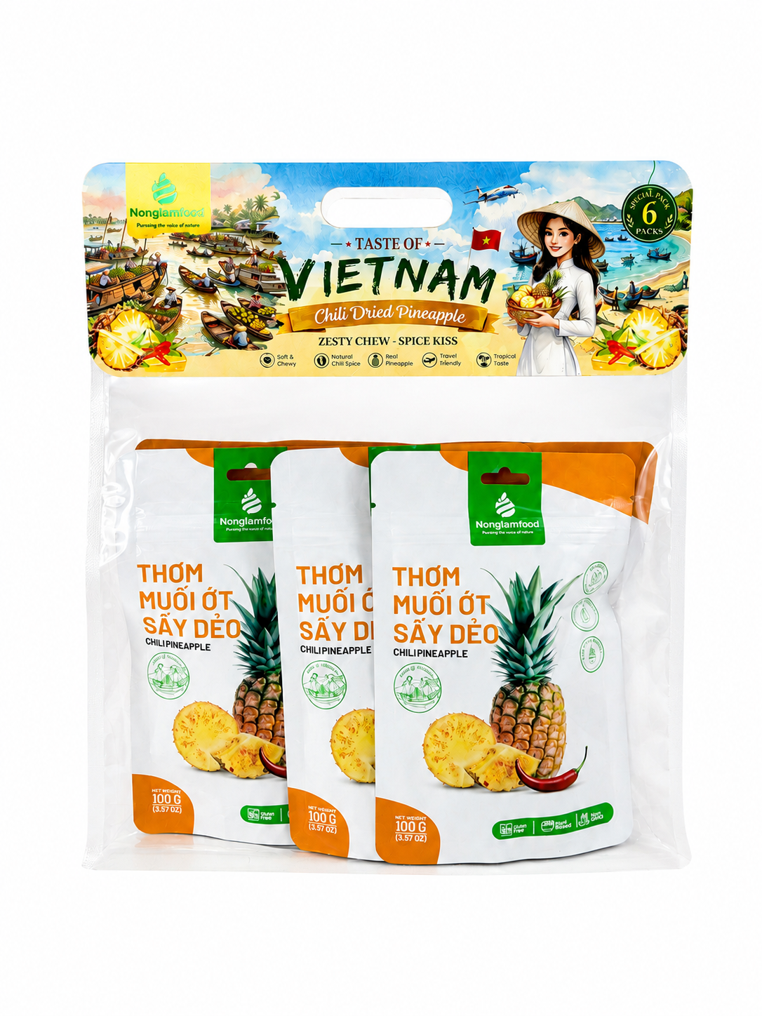 COMBO 6 TÚI THƠM MUỐI ỚT SẤY DẺO 100G NONGLAMFOOD | NONGLAMFOOD SOFT DRIED PINEAPPLE WITH CHILI SALT COMBO – 6 BAGS × 100G