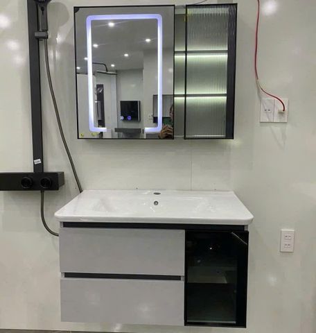Tủ chậu lavabo treo tường 80x41cm nhựa PVC khung thép, gương LED