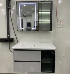Tủ chậu lavabo treo tường 80x41cm nhựa PVC khung thép, gương LED