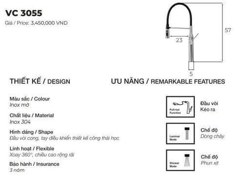 Vòi rửa bát inox 304 nóng lạnh VC3055 dây rút cần mềm