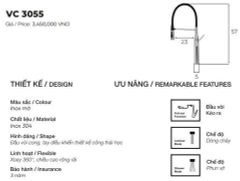 Vòi rửa bát inox 304 nóng lạnh VC3055 dây rút cần mềm