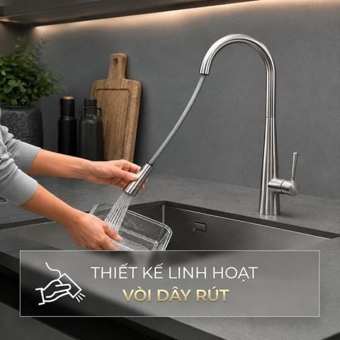 Vòi chậu rửa bát VC3051 Inox 304 | Dây rút linh hoạt, xoay 360°