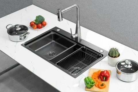 Chậu Rửa Bát 1 Hố Inox 304 Màu Đen 75×48cm Lắp Dương Bàn