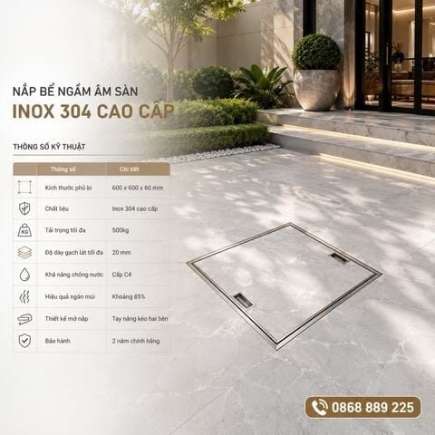 Nắp Hố Ga Inox 304 Âm Sàn 600x600 Cho Biệt Thự Cao Cấp