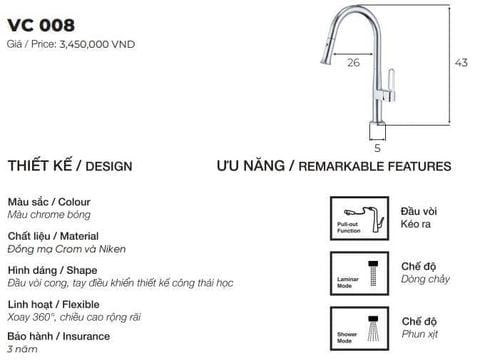 Vòi chậu rửa bát VC 008 – Kéo ra, 2 chế độ nước, xoay 360°