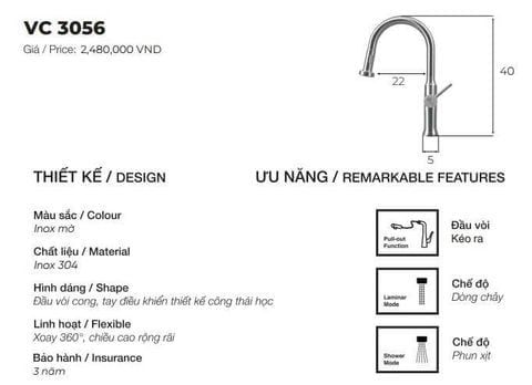 Vòi rửa bát inox 304 nóng lạnh dây rút VC3056 – Tiện nghi & bền bỉ cho căn bếp hiện đại