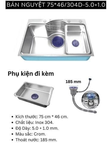 Chậu Rửa Bát 1 Hố Inox 304 75x46cm Bán Nguyệt Cao Cấp