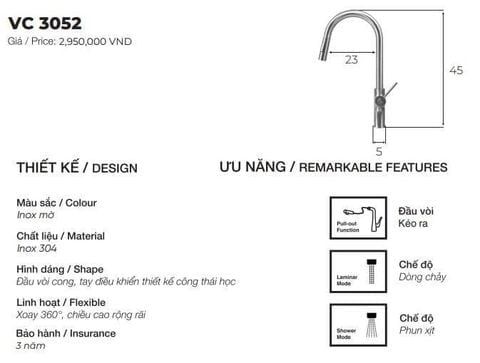 Vòi rửa bát Inox 304 VC3052 – Đầu kéo ra, 2 chế độ nước, xoay 360°