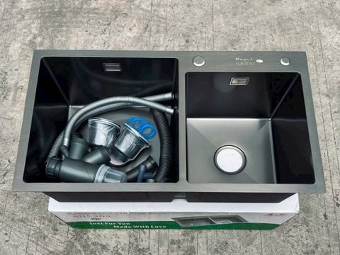 Chậu Rửa Bát 2 Hố Lệch Nano Đen 82x45cm Chống Xước Cao Cấp