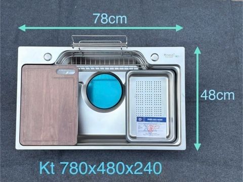 Chậu rửa bát inox 304 cao cấp 78×48 – kèm thớt & khay đa năng, siêu bền