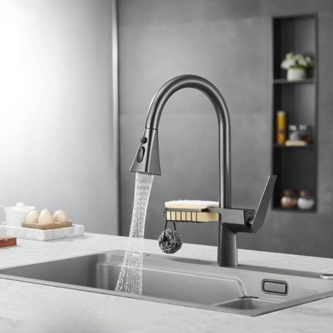 Vòi rửa bát nóng lạnh màu xám VC007 – Dây rút, 3 chế độ nước