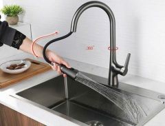 Vòi rửa bát nóng lạnh màu xám VC1990 – Dây rút xoay 360°