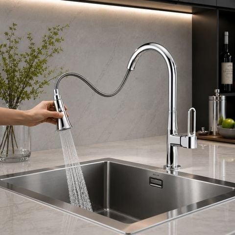 VC008 - Vòi Rửa Bát Đồng Thau Mạ Crom Dây Rút Cao Cấp
