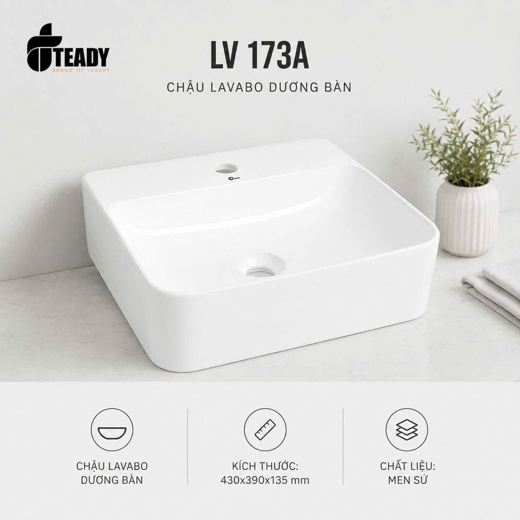 Chậu Lavabo Dương Bàn LV173A Men Sứ Cao Cấp 430x390x135mm