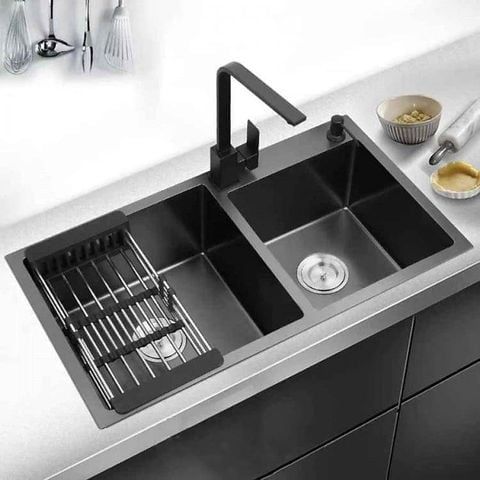Chậu Rửa Bát 2 Hố Lệch Nano Đen 82x45cm Chống Xước Cao Cấp