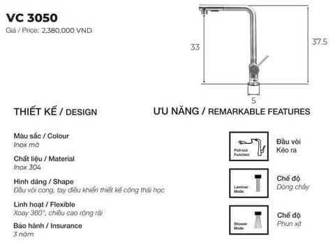Vòi rửa bát inox 340 VC3050 dây rút – Nóng lạnh tiện lợi