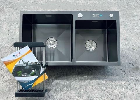 Chậu Rửa Bát 2 Hố Lệch Nano Đen 82x45cm Chống Xước Cao Cấp