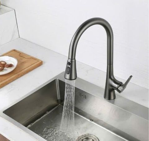 Vòi rửa bát nóng lạnh màu xám VC1990 – Dây rút xoay 360°