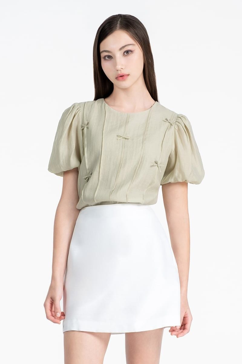  Áo blouse tay phồng nhún nơ FWBL25FH06G 