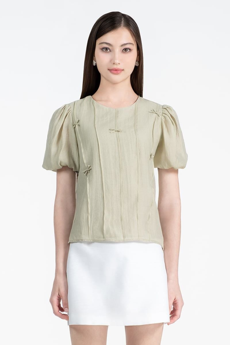  Áo blouse tay phồng nhún nơ FWBL25FH06G 