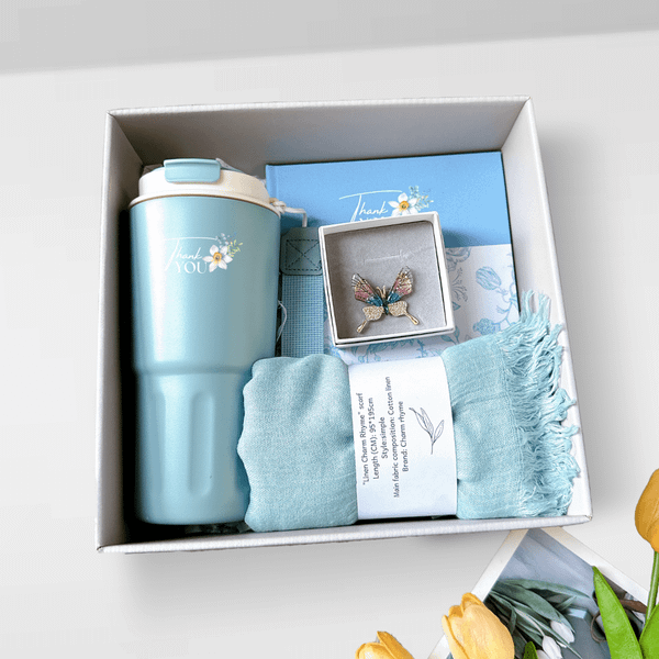  Set quà tặng cảm ơn 4 món Ly Khăn Trâm cài áo và Sổ tay kèm thiệp. (Xanh dương) 