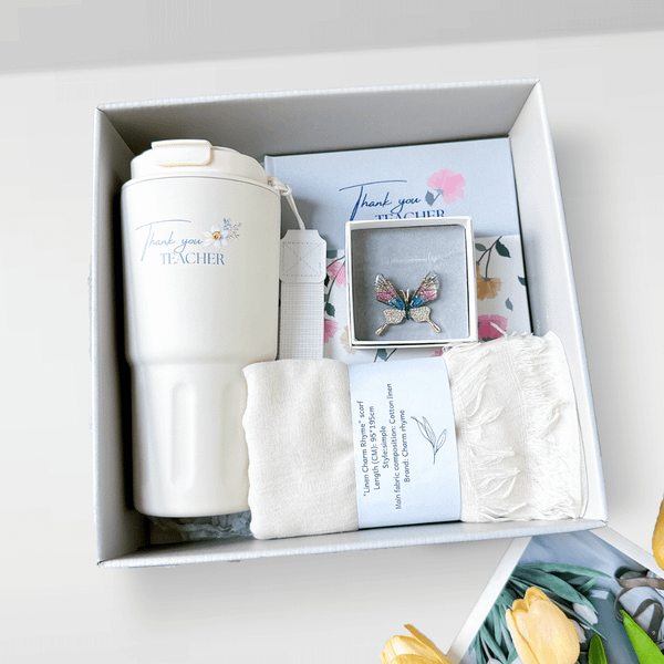  Set quà tặng cô giáo 20/11 – Ly, Khăn, Trâm, Sổ tay (Trắng) 