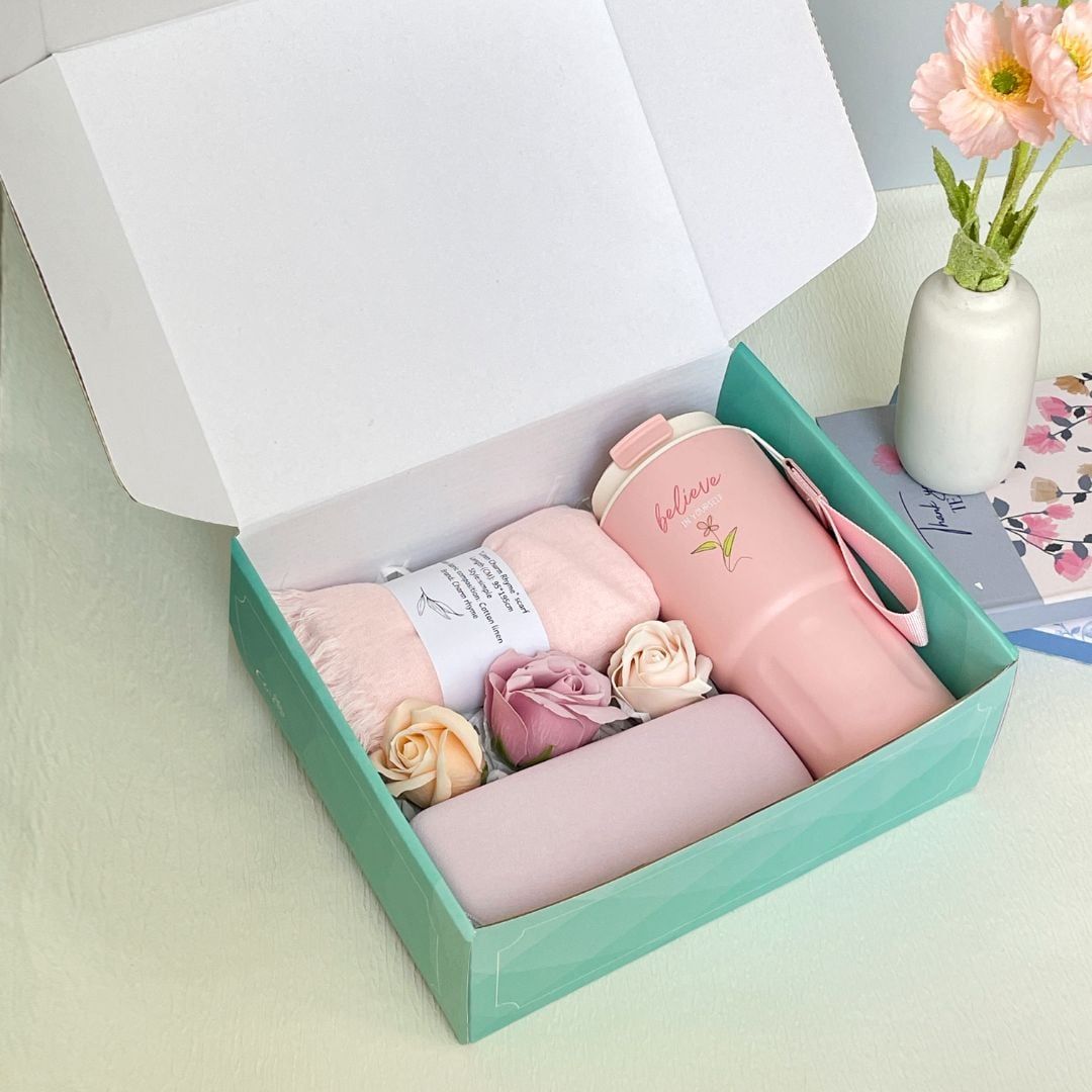  Combo quà tặng nữ dịp 8/3, 20/11 - Set 4 món Ly Khăn Dù Hoa 