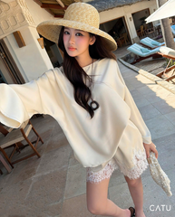 TUBYCATU | BỘ LỤA PHỐI REN (Set gồm: Áo dài tay + Quần ngắn)