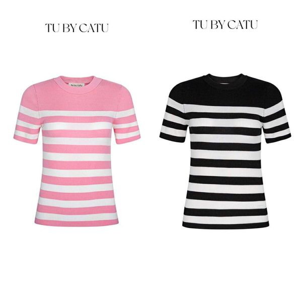 TUBYCATU | Áo len sọc trắng hồng/ đen