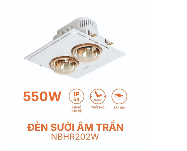 Đèn sưởi phòng tắm âm trần Nanoco NBHR202W 2 bóng 550W (công tắc)