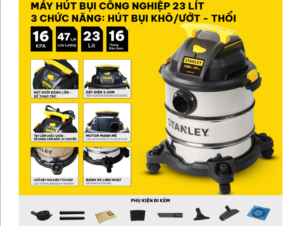 Máy hút bụi công nghiệp 3 chức năng - Khô/Ướt/Thổi - Stanley SL19417-6AB - 23 Lít - NEW 2025
