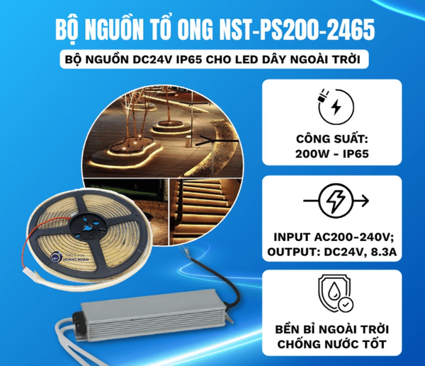 Bộ nguồn DC24V IP65 Nanoco cho LED dây ngoài trời
