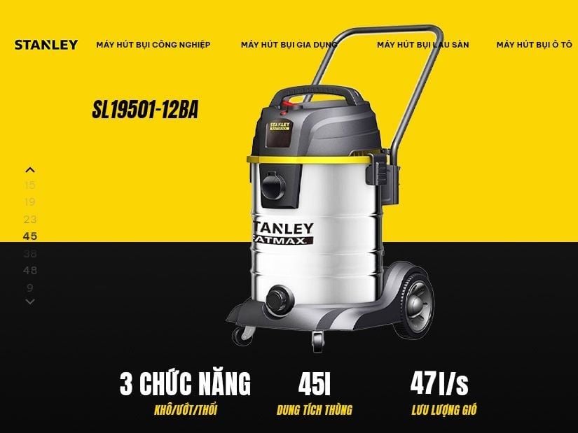 Máy hút bụi công nghiệp 3 chức năng - hút Khô/Ướt/Thổi - Thương hiệu Stanley SL19501-12BA - 45Lit motor 2 tầng