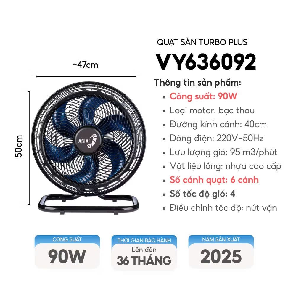 Quạt sàn ASIAVINA TURBO PLUS VY6368E2 - VY636892 (Đen cam)/ VY636792 (Xám)/ VY6360E2 (Đen xanh) - 80-90w Siêu mạnh