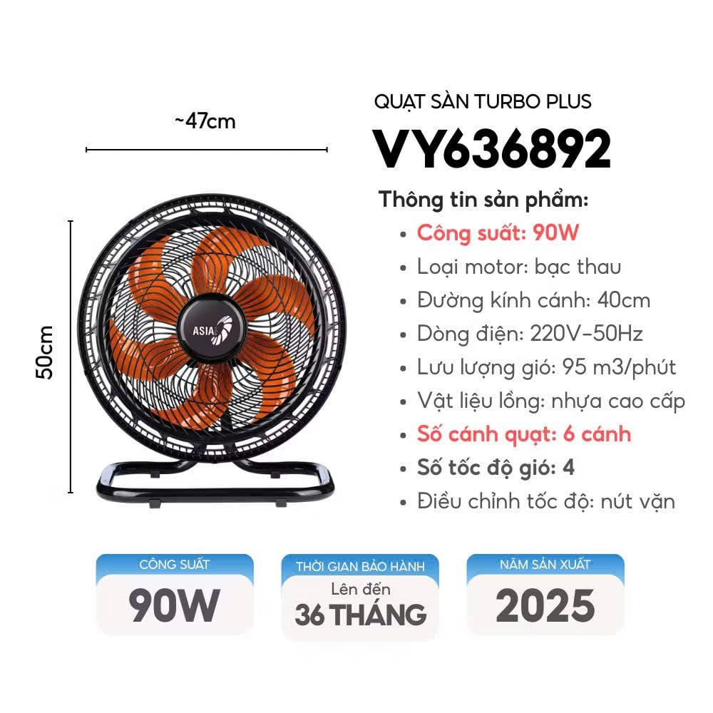 Quạt sàn ASIAVINA TURBO PLUS VY6368E2 - VY636892 (Đen cam)/ VY636792 (Xám)/ VY6360E2 (Đen xanh) - 80-90w Siêu mạnh