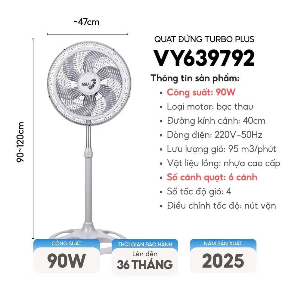 Quạt đứng ASIAvina TURBO PLUS VY639792 - ( Xám ) /  VY639892 ( Đen ) - 90W (New 2024) Siêu mạnh