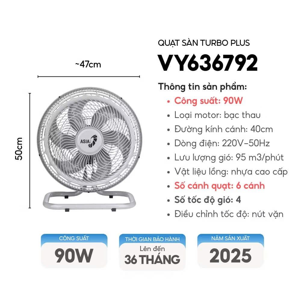Quạt sàn ASIAVINA TURBO PLUS VY6368E2 - VY636892 (Đen cam)/ VY636792 (Xám)/ VY6360E2 (Đen xanh) - 80-90w Siêu mạnh