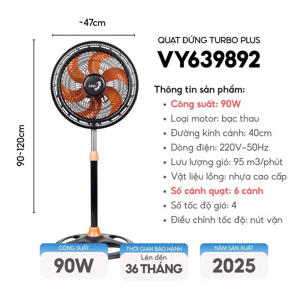 Quạt đứng ASIAvina TURBO PLUS VY639792 - ( Xám ) /  VY639892 ( Đen ) - 90W (New 2024) Siêu mạnh