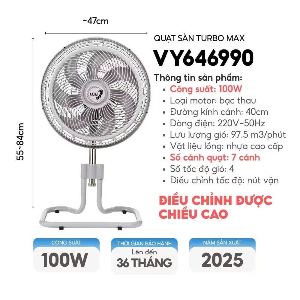 Quạt sàn ASIAvina TURBO MAX VY646990 (xám) - 100w (New 2025)