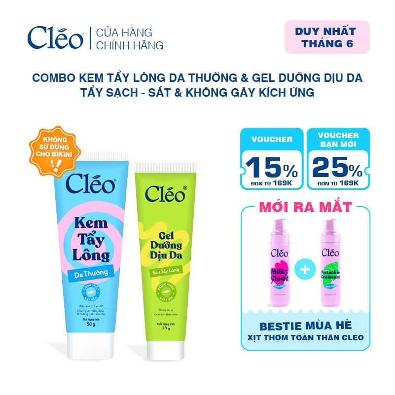  Combo Kem Tẩy Lông Nách, Tẩy Lông Tay Chân Cleo 50g & Gel Dưỡng Dịu Da 20g 