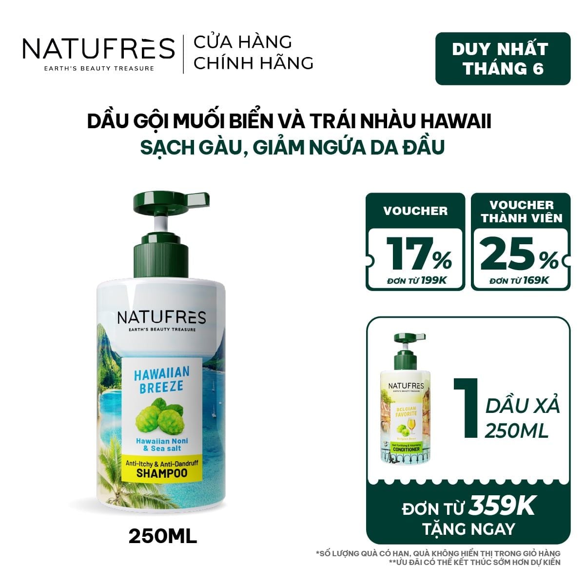  Dầu Gội Natufres Hawaiian Breeze Muối Biển & Trái Nhàu Hawaii 