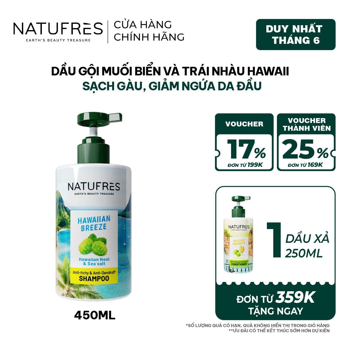  Dầu Gội Natufres Hawaiian Breeze Muối Biển & Trái Nhàu Hawaii 