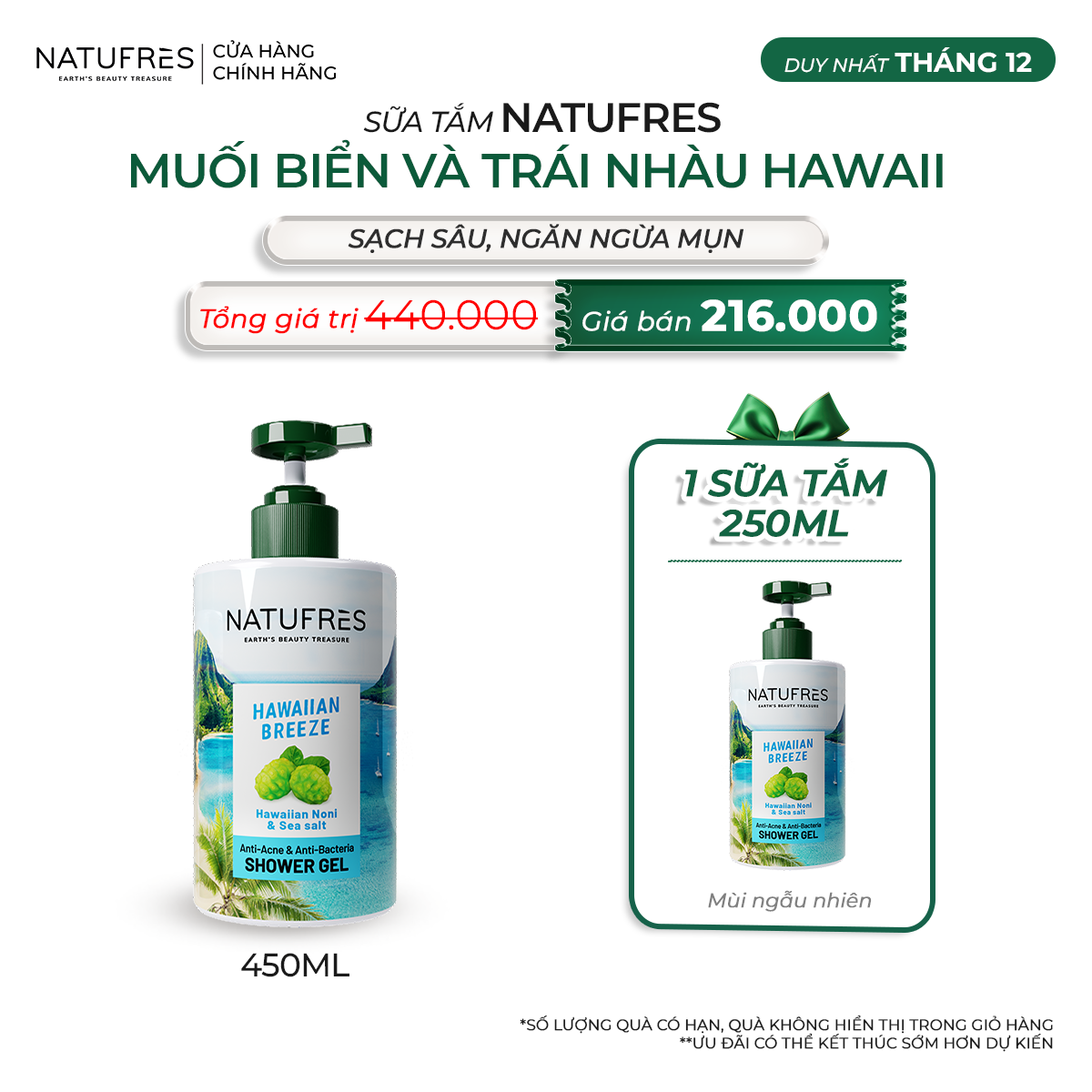 SỮA TẮM Natufres HAWAIIAN BREEZE - Muối biển và trái nhàu Hawaii