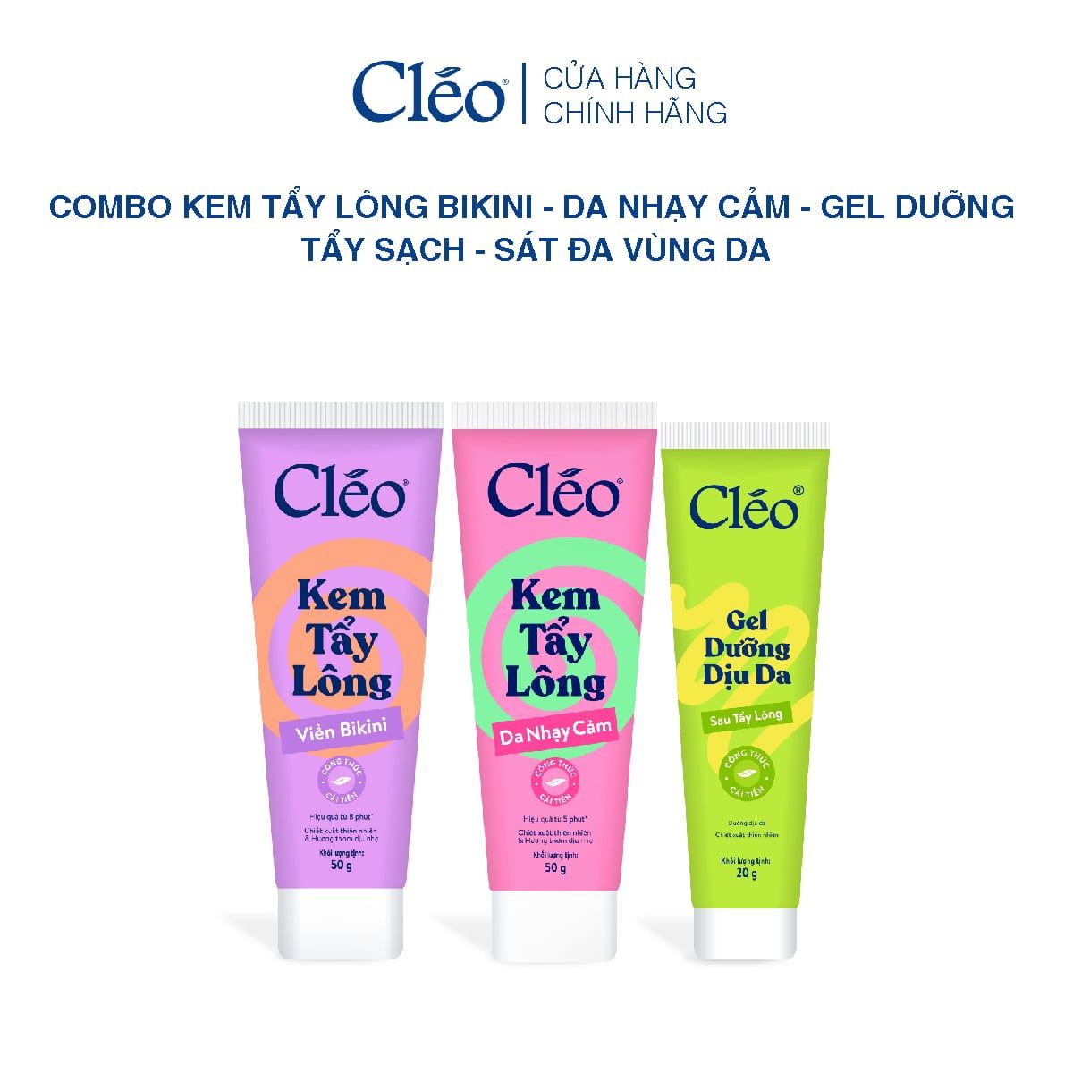  Combo Kem Tẩy Lông Nách, Tẩy Lông Tay Chân Cleo 50g & Gel Dưỡng Dịu Da 20g 