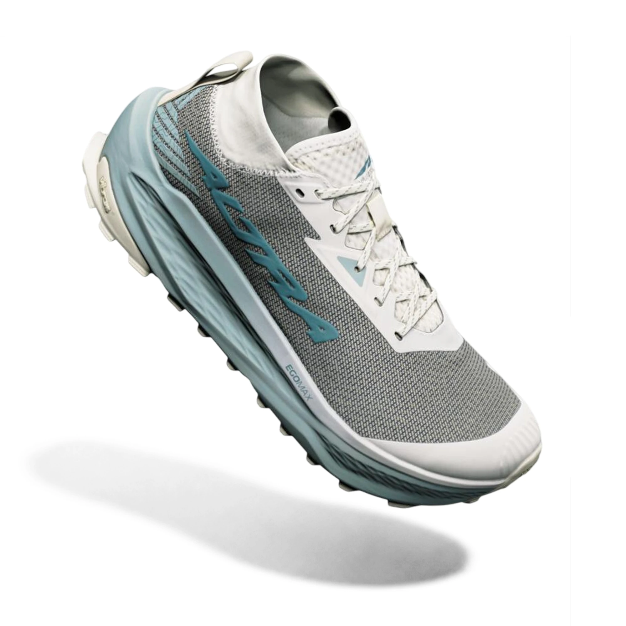 Giày Altra Olympus 275 HiLo nhìn chéo từ trên, màu Ultimate Gray / Sea Pine