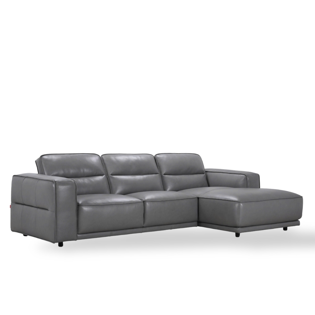  Sofa góc, 100% da 675 màu dusty grey, chân PP đen, (2.5EL + 1.5COUCH-R), W2845*D1625*H835MM 