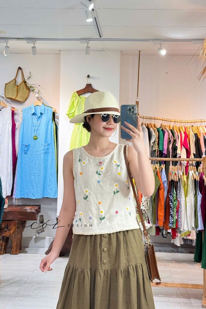 Chân váy 1 tầng nút bọc linen tưng premium Cói Design