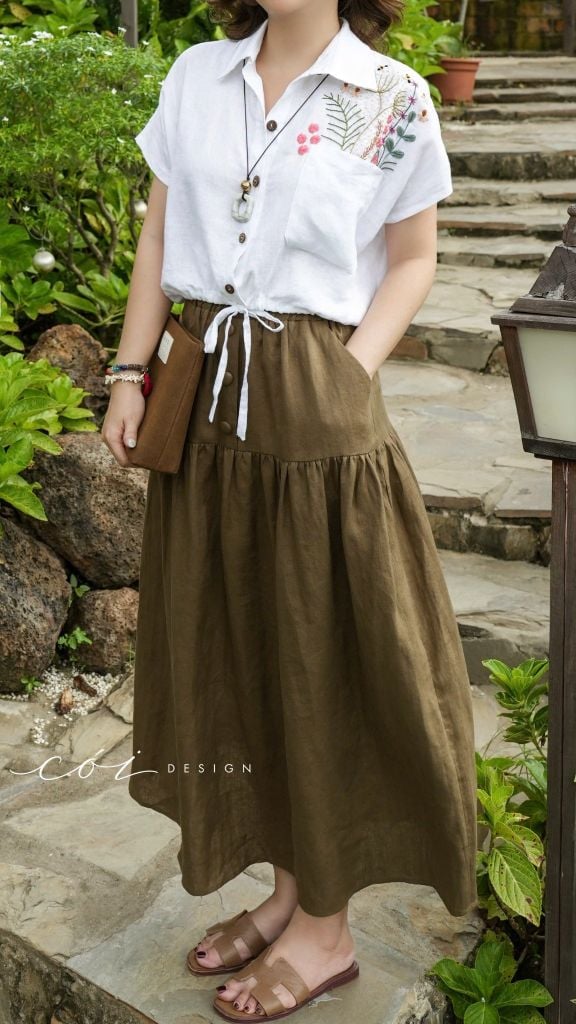 Chân váy 1 tầng nút bọc linen tưng premium Cói Design